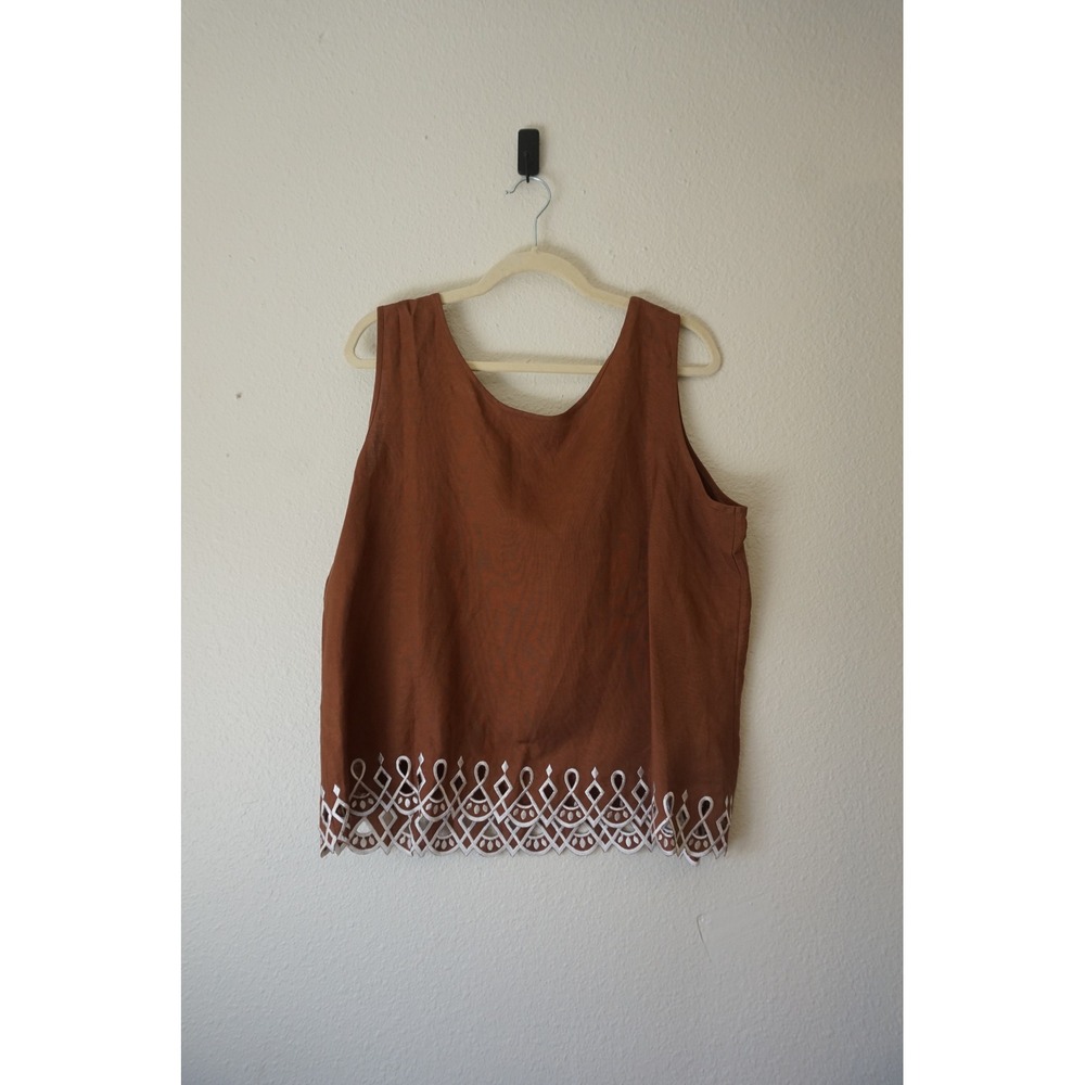 Bob Mackie Tank Top Linen Blend Embroidered Scalloped Hem Lagenlook Brown XL - Picture 6 of 6